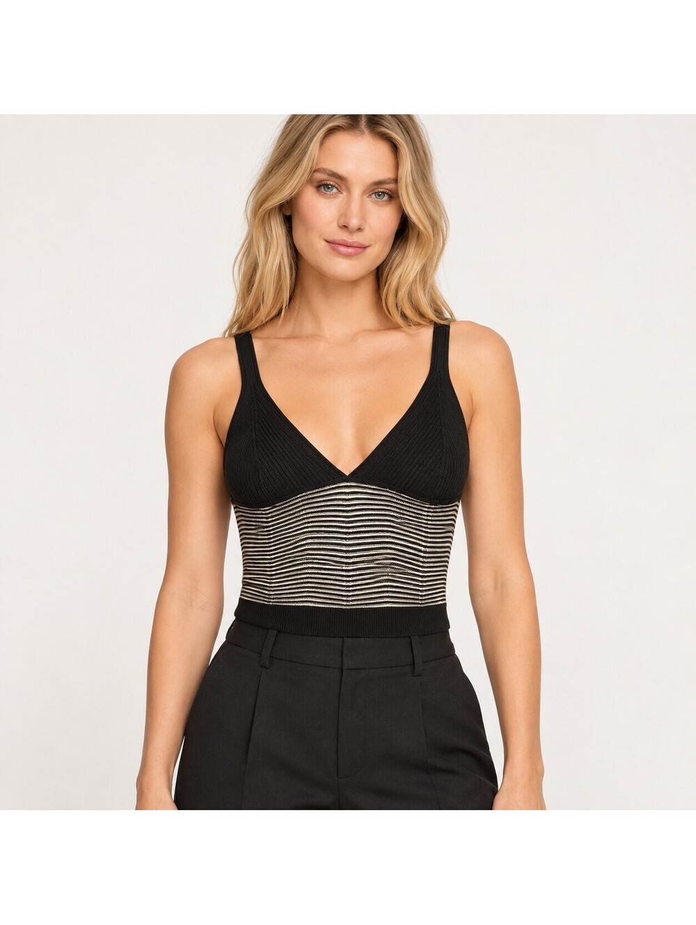 NWT Ramy Brook Madeline Striped Knit Crop Tank Black Cream Size XS